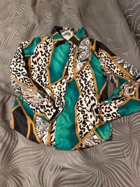 Silky Teal & Leopard Print Button-Up Shirt
